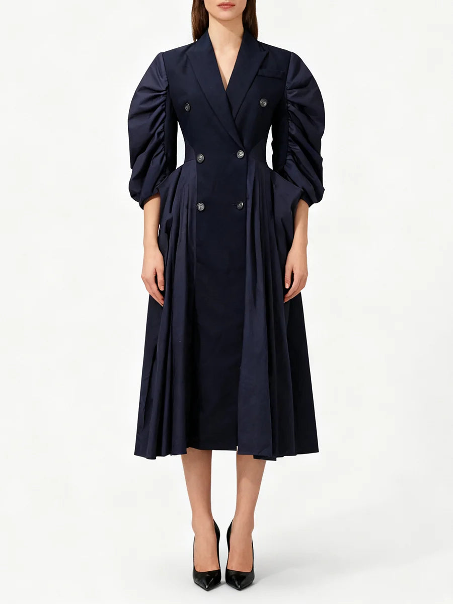 Blue puff-sleeve double-breasted midi dress with pleated skirt