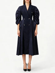 Blue puff-sleeve double-breasted midi dress with pleated skirt