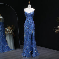 Blue sequin mermaid evening gown with sweetheart neckline on mannequin