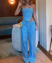 Sparkling blue sequin corset outfit with versatile pant