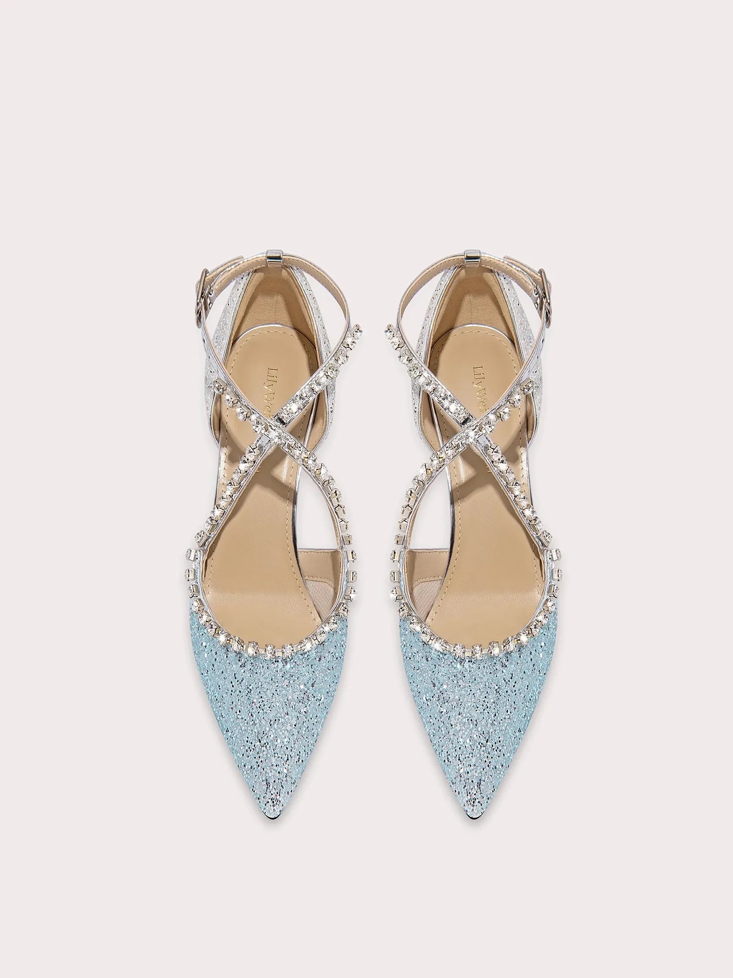 Blue sequin rhinestone sandals with cross band straps and thin high heel