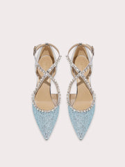 Blue sequin rhinestone sandals with cross band straps and thin high heel