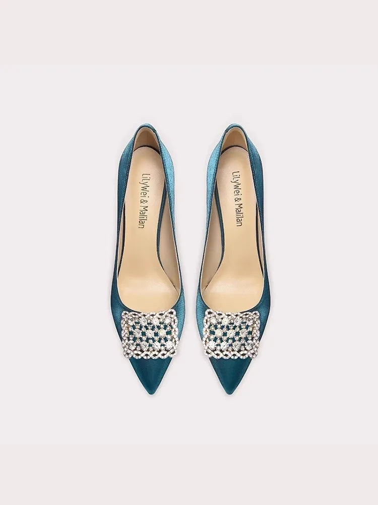 Blue silk crystal buckle heels with pointed toe for parties