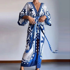 Blue and white lace-up flare sleeve ankle-length maxi dress