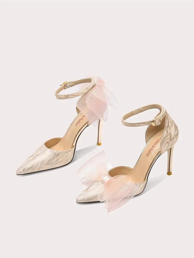Blush butterfly bow ankle strap heels for party and wedding events