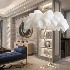 Blush feather floor lamp styled in a modern living room
