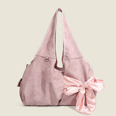 Blush pink bow tote bag with soft PU and structured satin bow