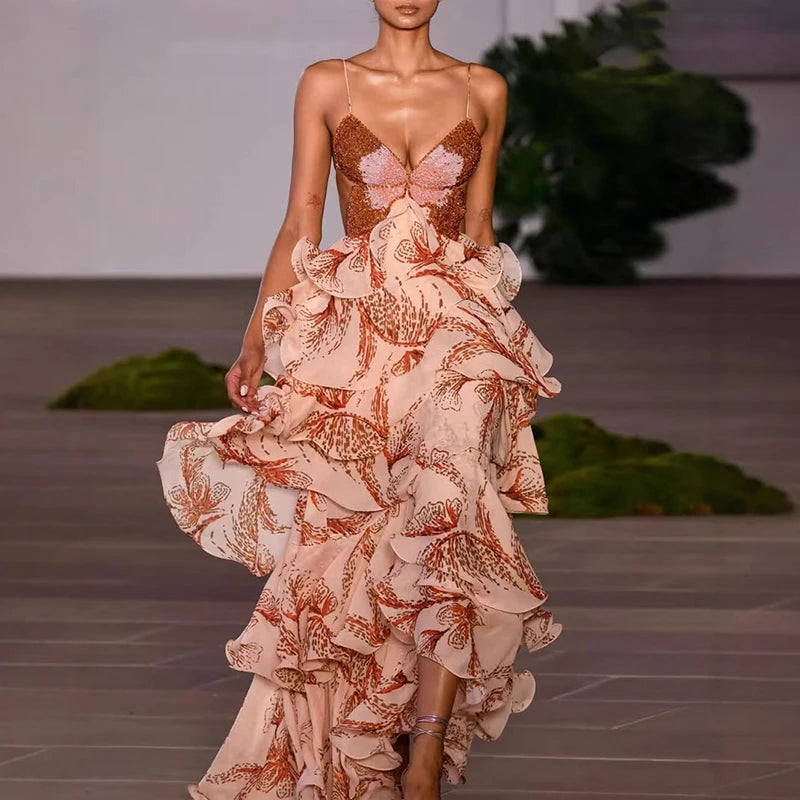 A woman wearing the bohemian butterfly print dress styled for a summer vacation.