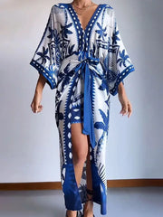 Summer vacation maxi dress with flare sleeves in blue white print