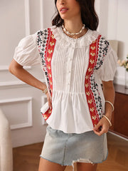 Boho embroidered patchwork blouse styled with denim skirt
