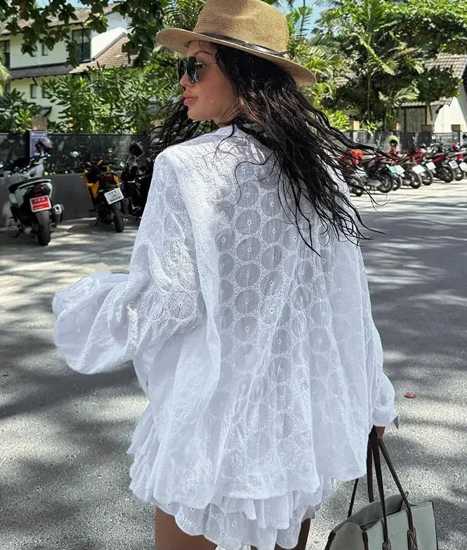 Boho eyelet mini short travel set featured for everyday and travel wear