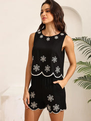 Boho matching set with white floral detail for vacations and brunch