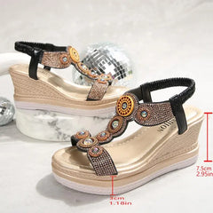 Close-up of boho metal decoration and glitter detailing on wedges