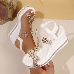 High heel wedge sandals with secure elastic ankle strap for women