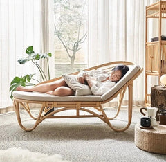 Natural rattan woven chaise lazy chair with cushion