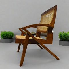 Boho-style solid wood lounge chair with rattan seat