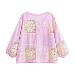 Romantic puff sleeve top in soft lavender with crochet lace detail