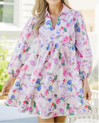 Boho summer mini dress with puff sleeves and floral print