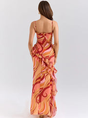 Boho vacation ruffle gown in bold print for all seasons