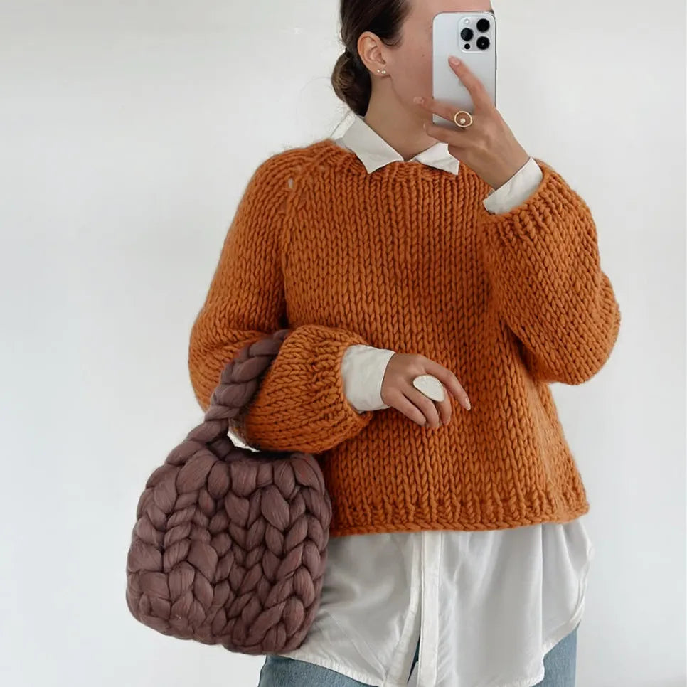 Bold color chunky brown knit paired for fall winter capsule outfits