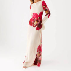Bold floral print long sleeve gown perfect for vacations and photo moments