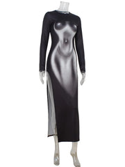 Floor-length graphic dress  on a mannequin against a white background