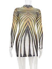 Mannequin wearing a bold print sheath mini dress for women with a white background
