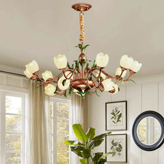 Botanical floral aluminum chandelier in a modern sunroom
