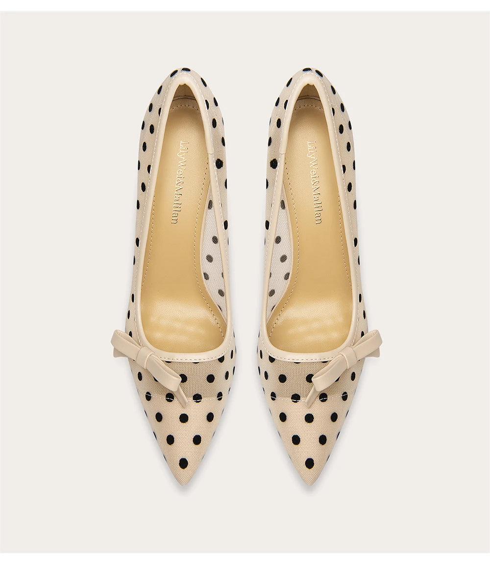 Bow mesh dot sandals with pointed toe and thin heel