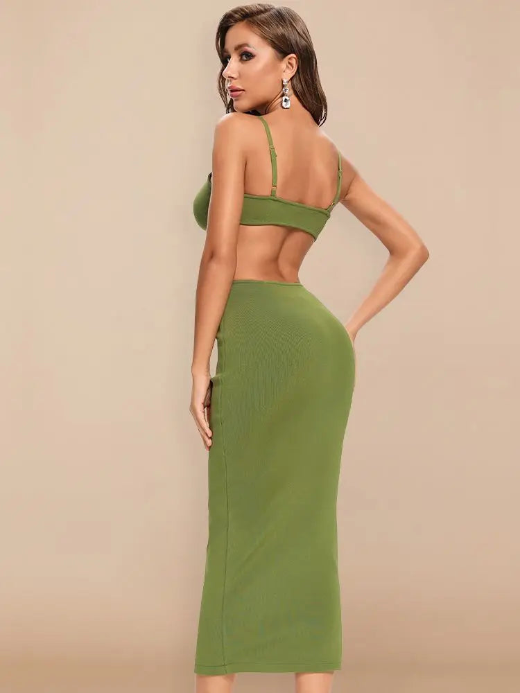bralette style bodice green maxi dress with side cut-outs