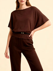 Brown knit tunic top styled with matching trousers