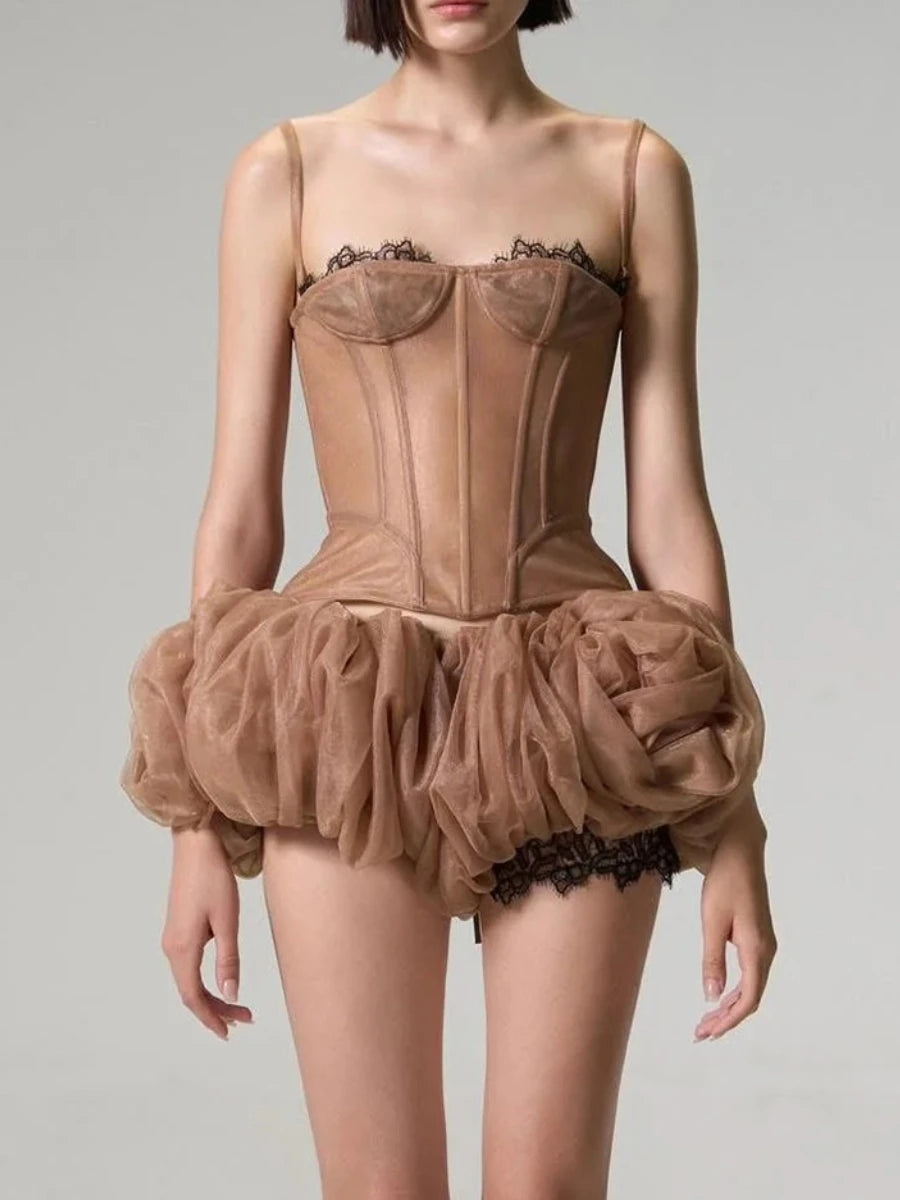 Brown corset and ruffled mini skirt set styled for parties and events