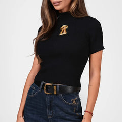 Side view of brown fitted short sleeve tee