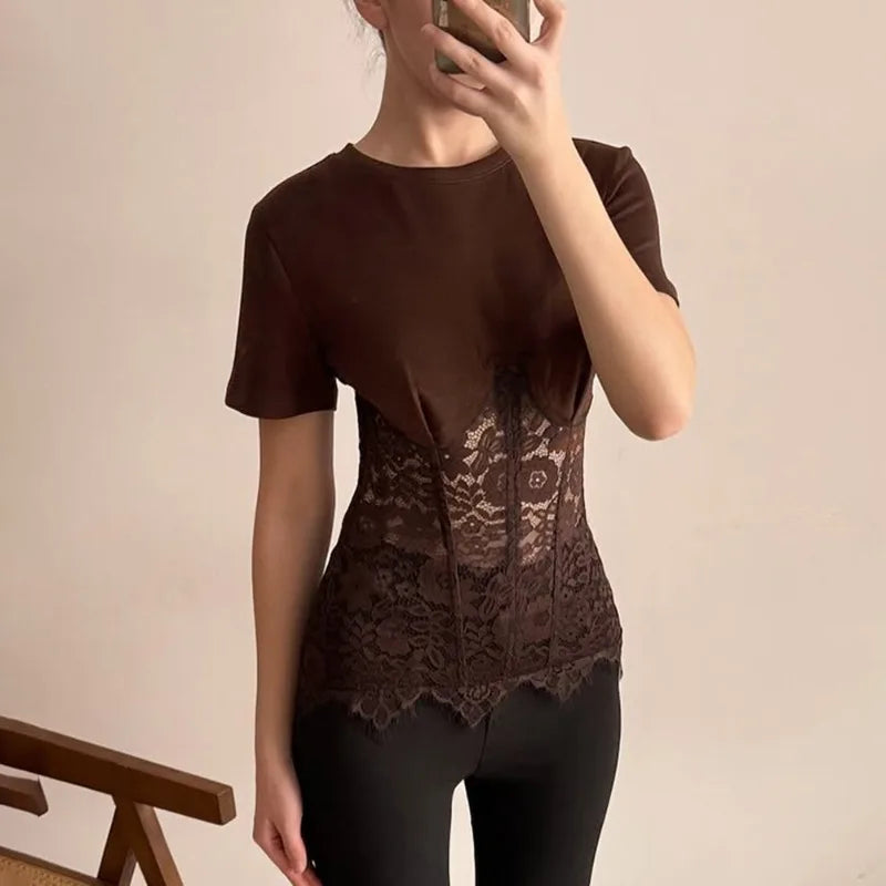 Brown slim-fit top with lace patchwork panel and round neckline