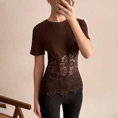 Brown slim-fit top with lace patchwork panel and round neckline