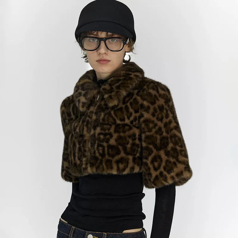Brown leopard print cropped jacket with plush textured finish