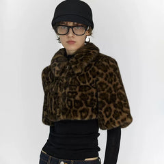 Brown leopard print cropped jacket with plush textured finish