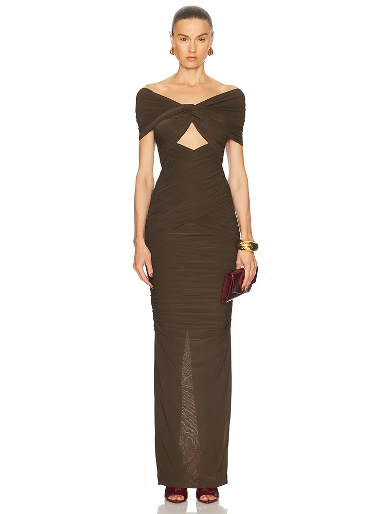 Woman wearing a Brown off-the-shoulder hollow-out evening dress styled for formal parties, designed on a white background