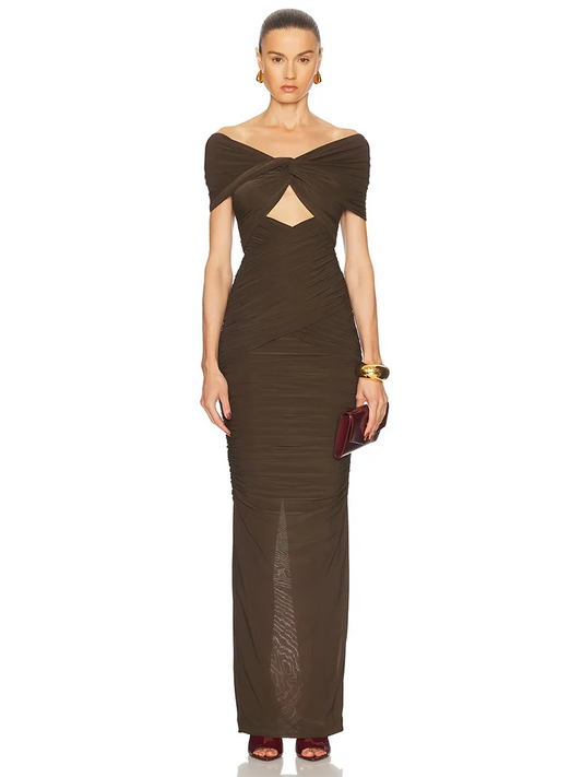 Woman wearing a Brown off-the-shoulder hollow-out evening dress styled for formal parties, designed on a white background
