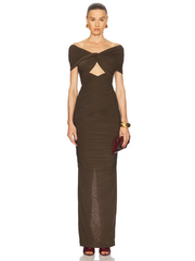 Woman wearing a Brown off-the-shoulder hollow-out evening dress styled for formal parties, designed on a white background