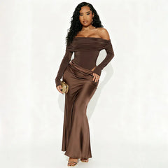 Brown off-shoulder bodysuit with satin maxi skirt set