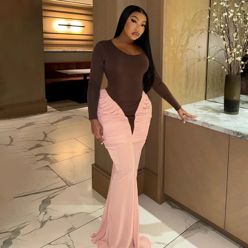 Brown top and pink ruched hem maxi dress in modern interior