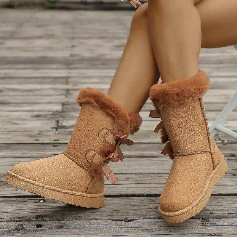 Top view of brown plush winter boots