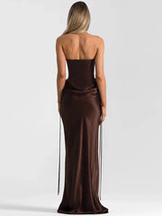Full-length view of brown satin evening dress with flowing A-line skirt