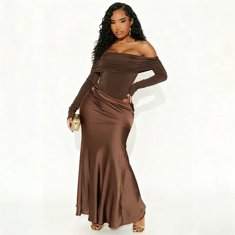 Elegant brown satin maxi dress outfit for evening