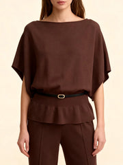 Side angle of brown short sleeve knit belted top