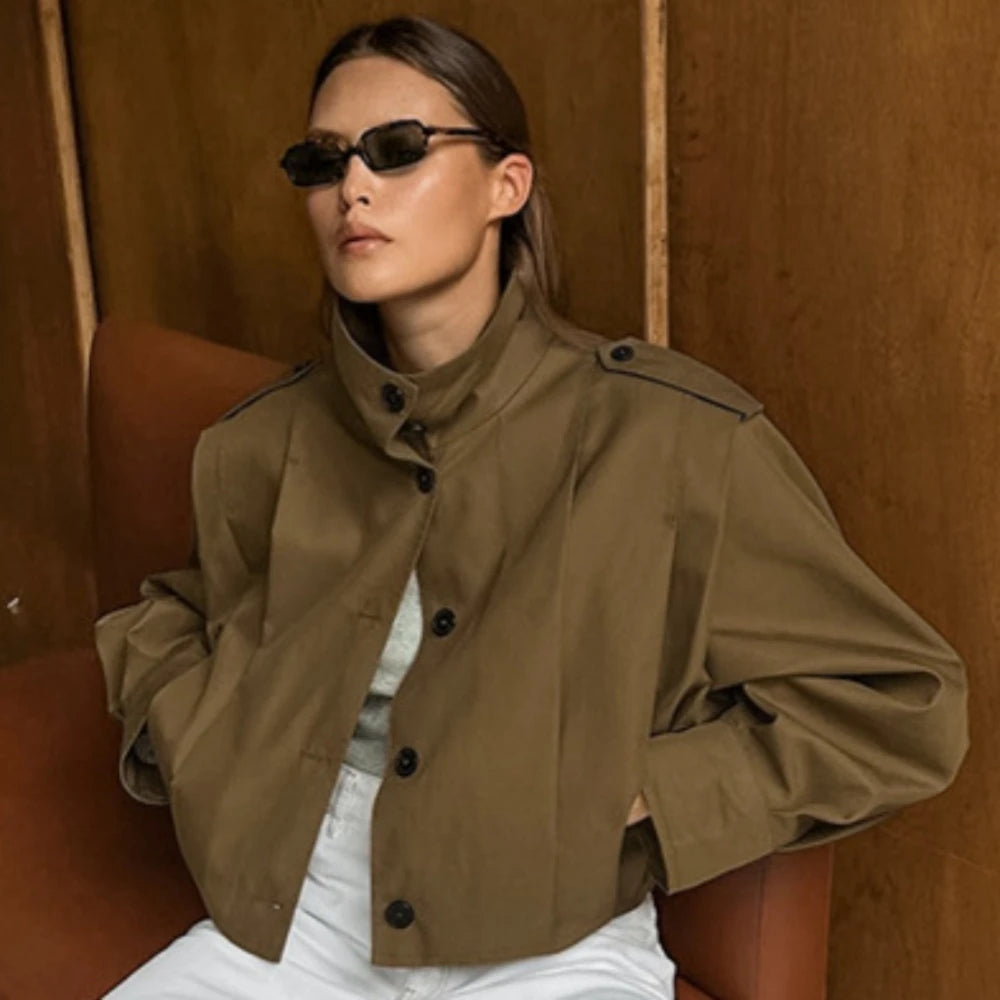 Brown short trench jacket with turtleneck styled for autumn