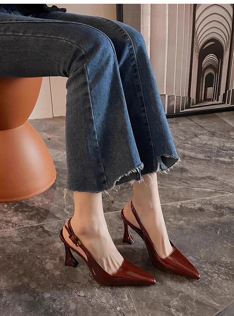 Brown pointed-toe slingback sandals with square heels