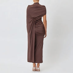 sculptural draped maxi dress with refined modern silhouette