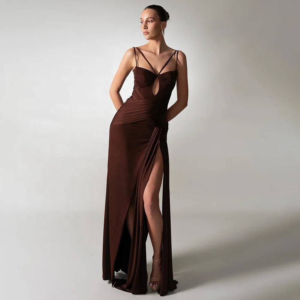 Strappy floor-length evening gown with draped waist and high side slit